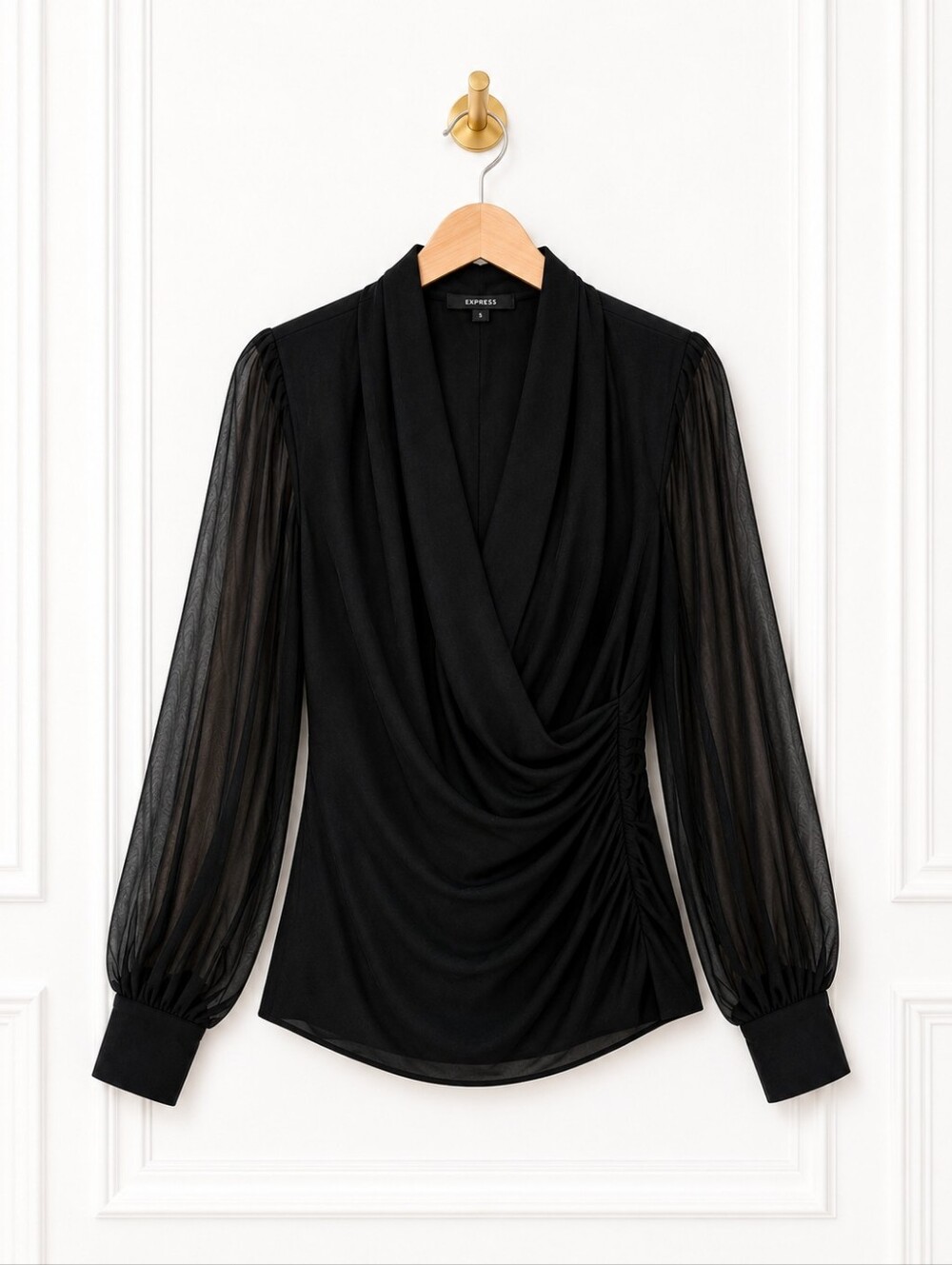 Vince Camuto | Black Draped Blouse | Size M | Sheer Long Sleeve Elegant Top - Picture 5 of 8